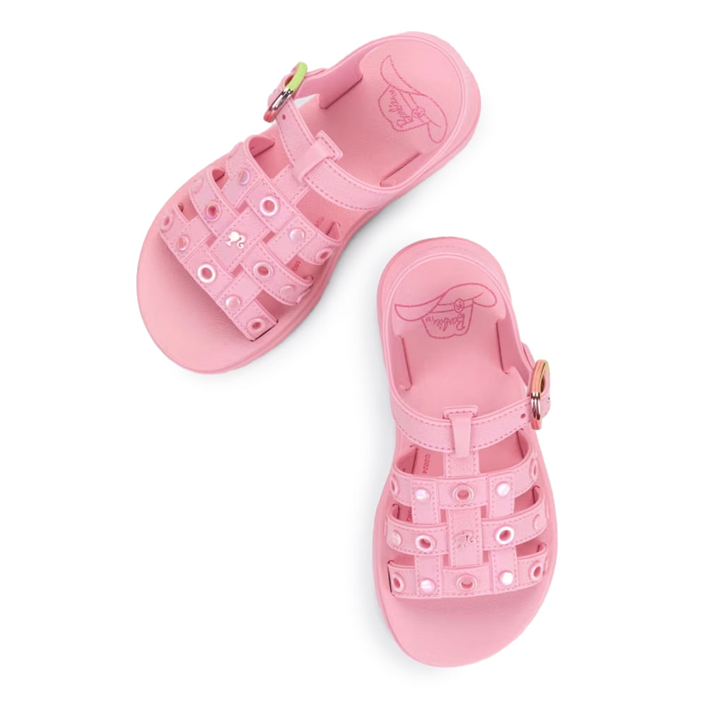 Par de sandálias Grendene Barbie Silver rosa com detalhes brilhantes e solado antiderrapante